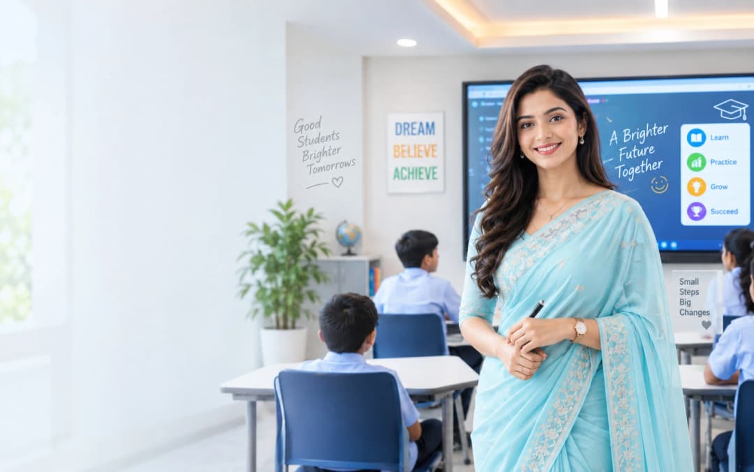 A teacher standing at the front of a bright classroom while pupils work at their desks, a lesson displayed on the screen behind her